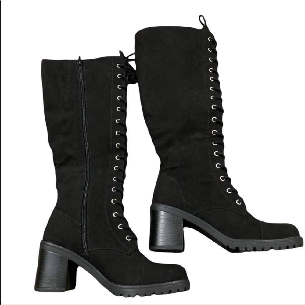 JustFab Women’s Emanuel Black Faux Suede Knee High Heeled Boots